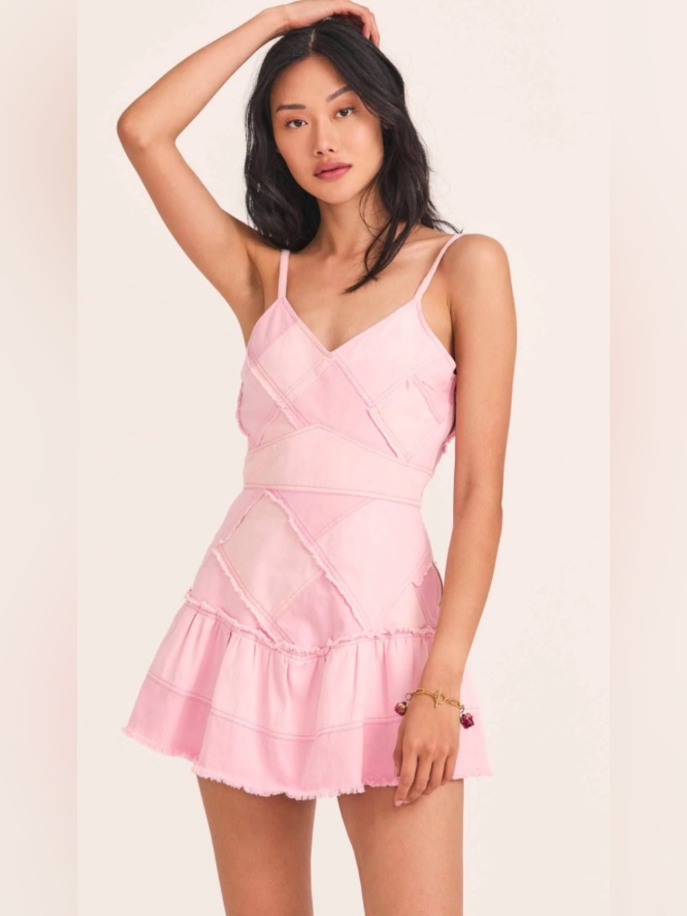 LoveShackFancy Pera Colorblock Pink Denim Mini Dress Sz 2 Feminine Girly Dainty